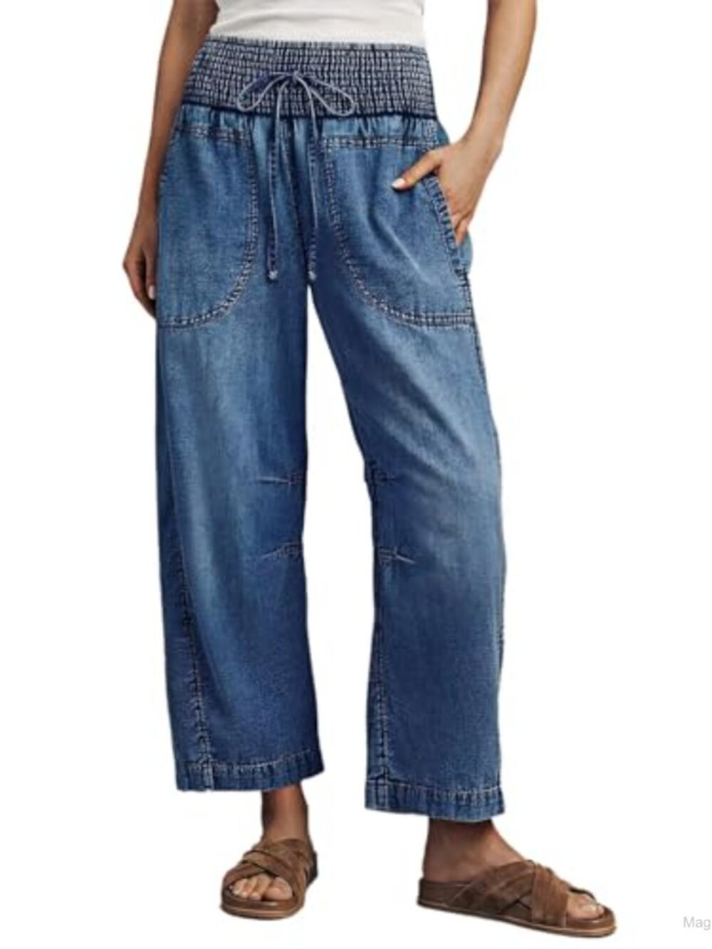 High Waisted Cropped Barrel Jeans Stretch Denim Drawstring Waist